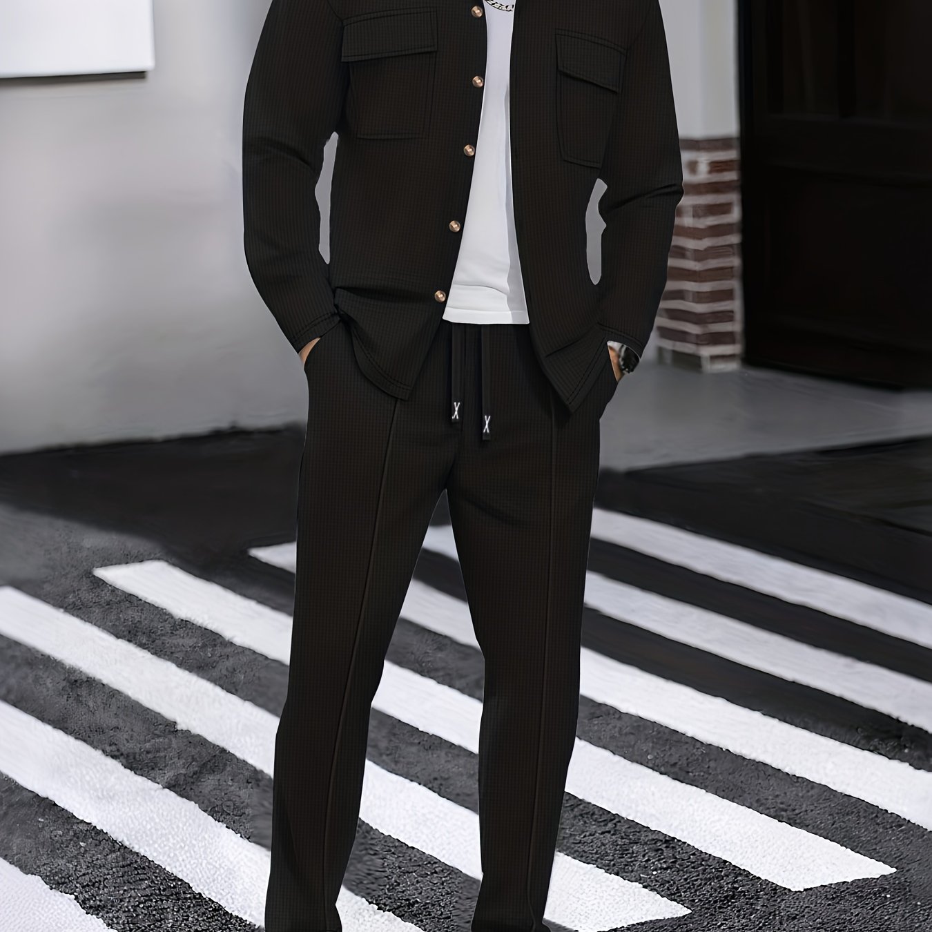 Image of Spring And Autumn Men's Long Sleeved Pants Comfortable Casual Daily Commuting Hardcore Street Style Flip Collar Jacket Long Sleeved Coat And Versatile Pants Men's 2pcs Set