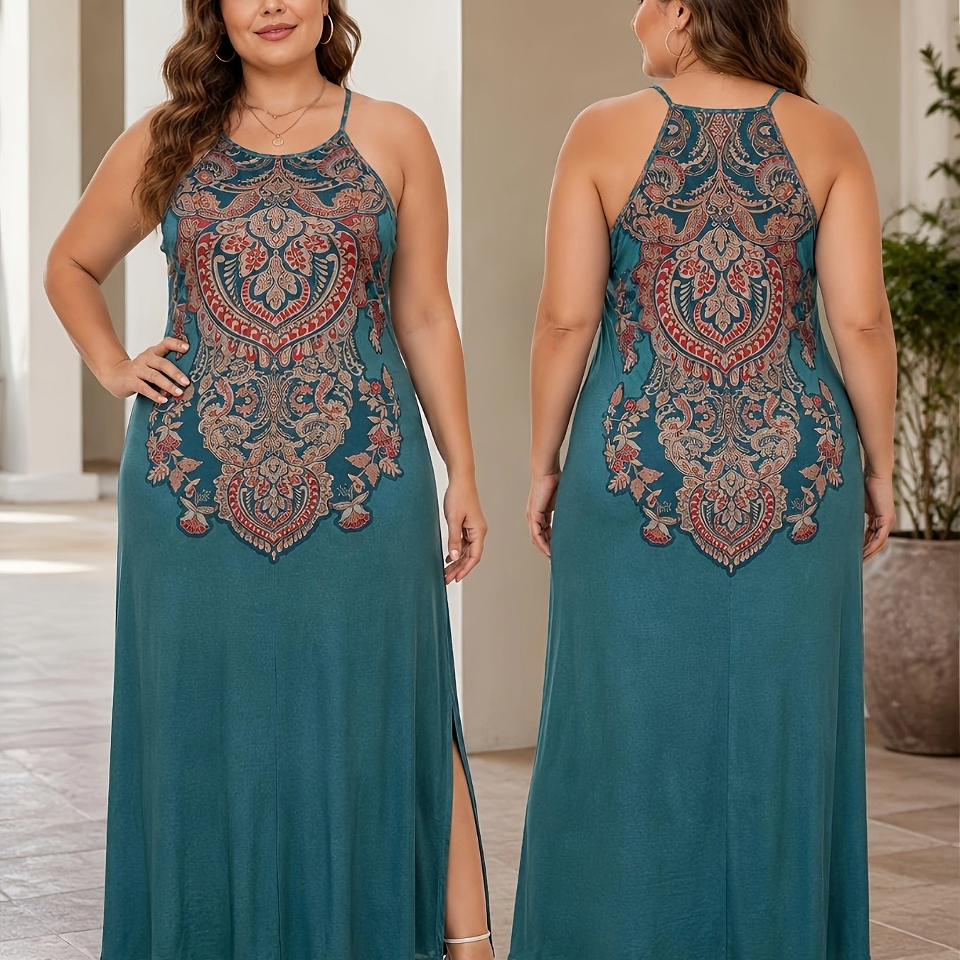 TEMU Plus Size, Plus-size Women's Halter-neck Maxi Dress, Bohemian Print, Casual Summer Sleeveless Maxi Dress, Side Slit Design, Loose And Flowy,
