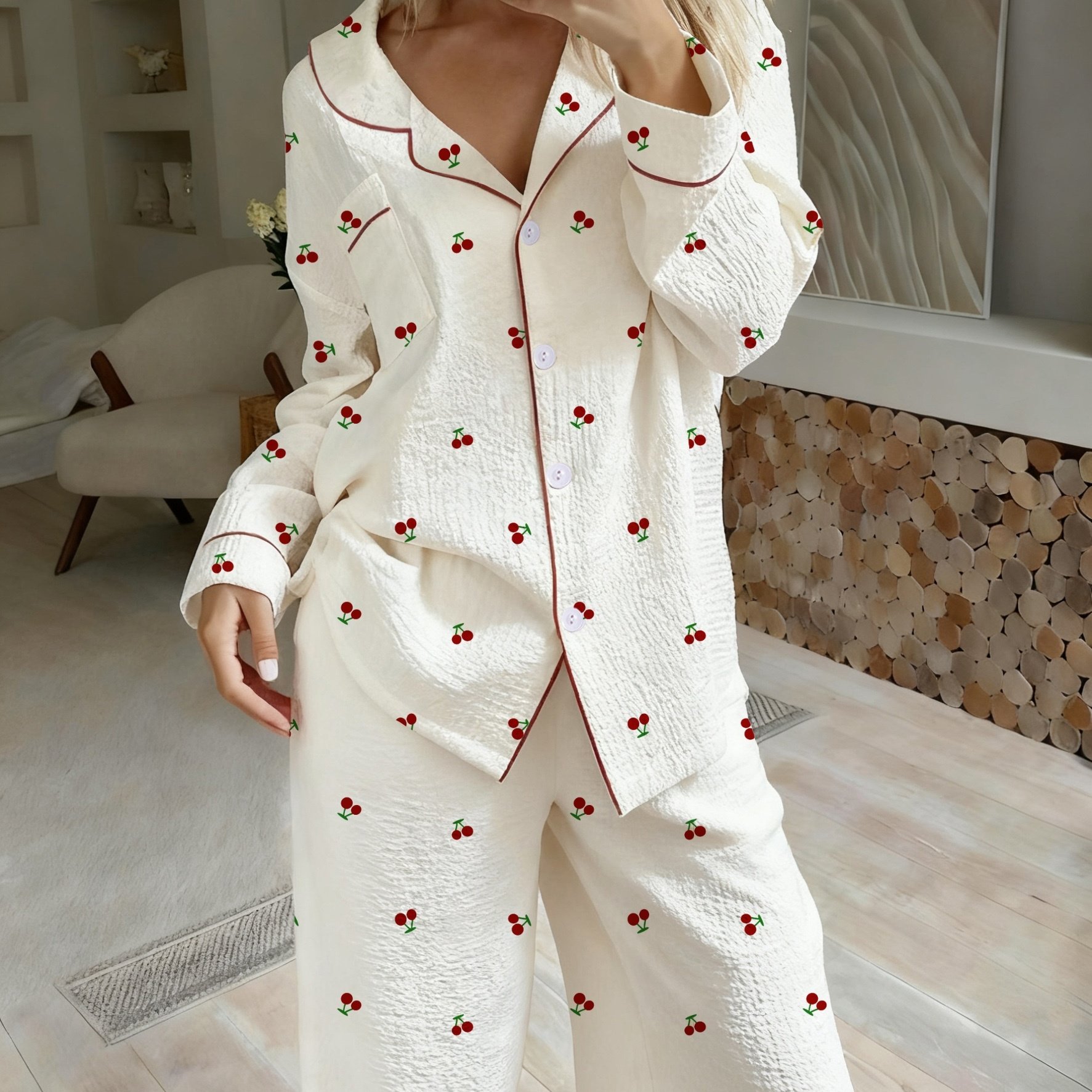 TEMU Women's Pajama Set With Long Sleeves And Long Pants Featuring Cherries
