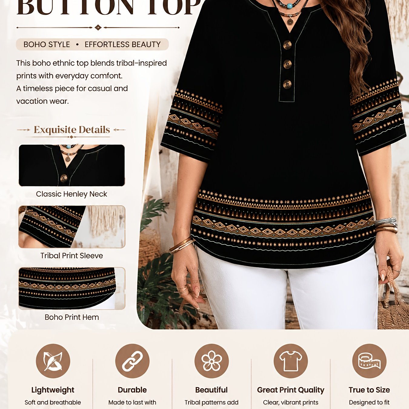 TEMU Women's Fashion V-neck Button-up Half-sleeve Top With Geometric Patterns, Ethnic Style 3/4 Sleeves, Loose Fit Casual Versatile Elegant Office