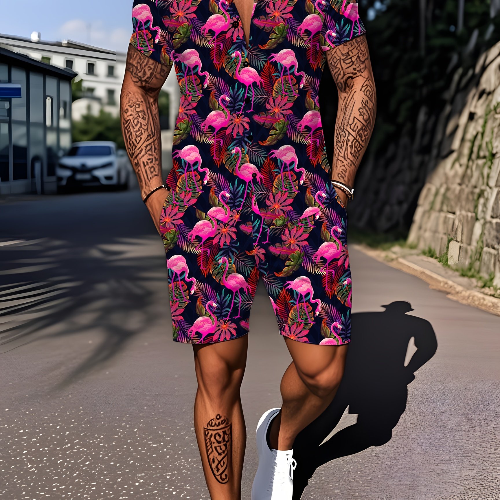 TEMU Men's Tropical Flamingo Print Short Sleeve Shirt And Shorts Set With Loose Top For Outdoor Sports Casual Beachwear