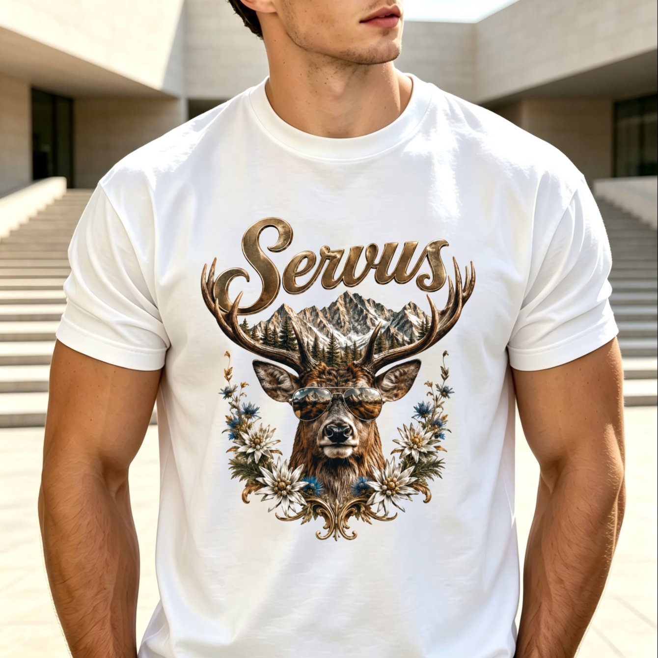Servus Stag Graphic T-shirt Deer With Antlers And Alpine Botanical Details Rustic Greeting And Vintage Woodland Illustration Style Men's T-shirt