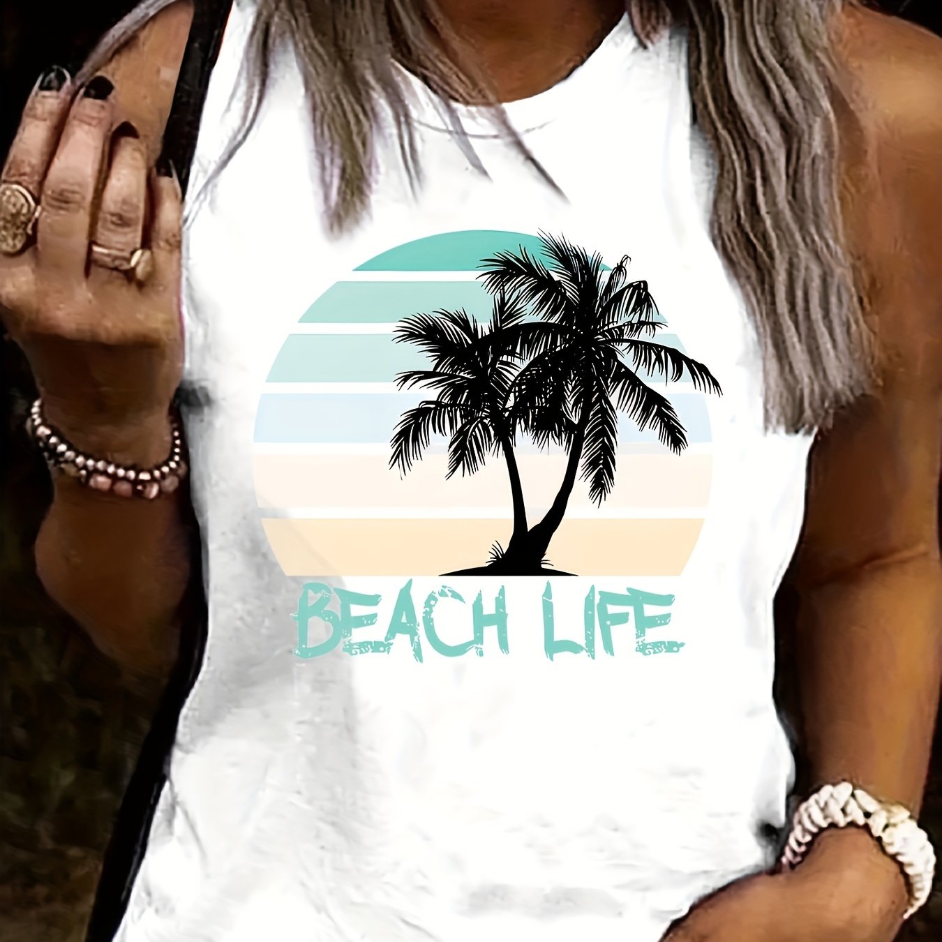 Image of Casual Vacation Gradient Striped Coconut Tree Mother- Printed Round Neck Tank Top, Daily Sleeveless Shirt, New Women's Tank Top