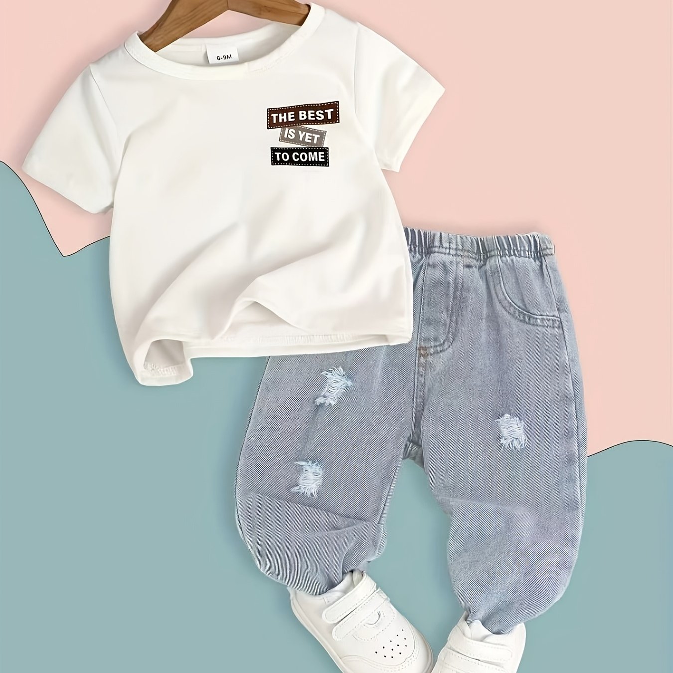 2pcs Baby Boy Jeans Set Short-sleeved Letter Top, For Outdoor