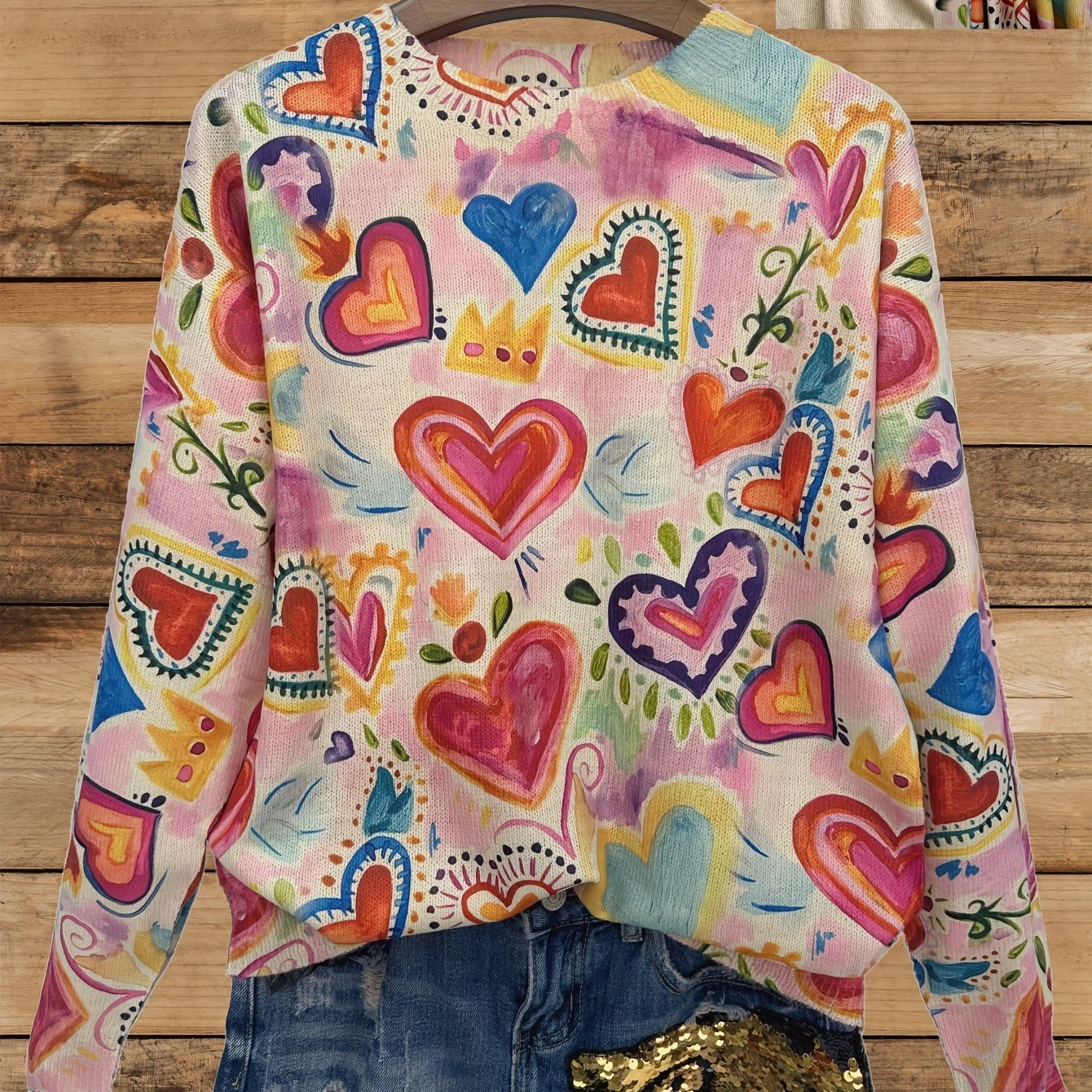 E-shop Dieser leichte Pullover mit einem -Herzmuster, Rundhalsausschnitt und langen Ärmeln ist für lässige Mode.