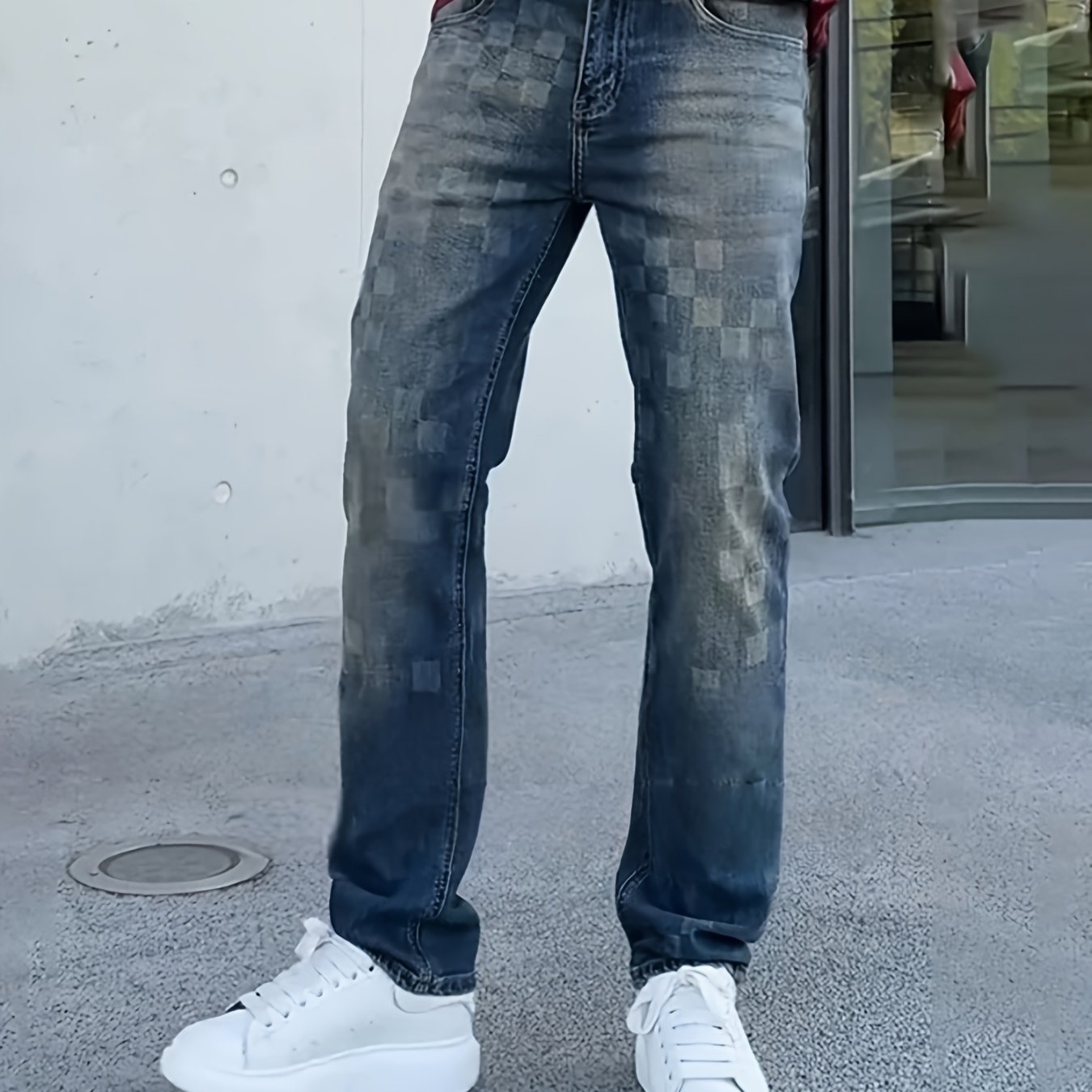 Image of [hme] Men's Fall/winter Jeans Mid-rise Slim Stretch Straight Fit, Vintage Washed With Plaid Patterns. Stretch Denim, Machine Washable, Washed And Faded Finish. A Hit Of American Trendy Style