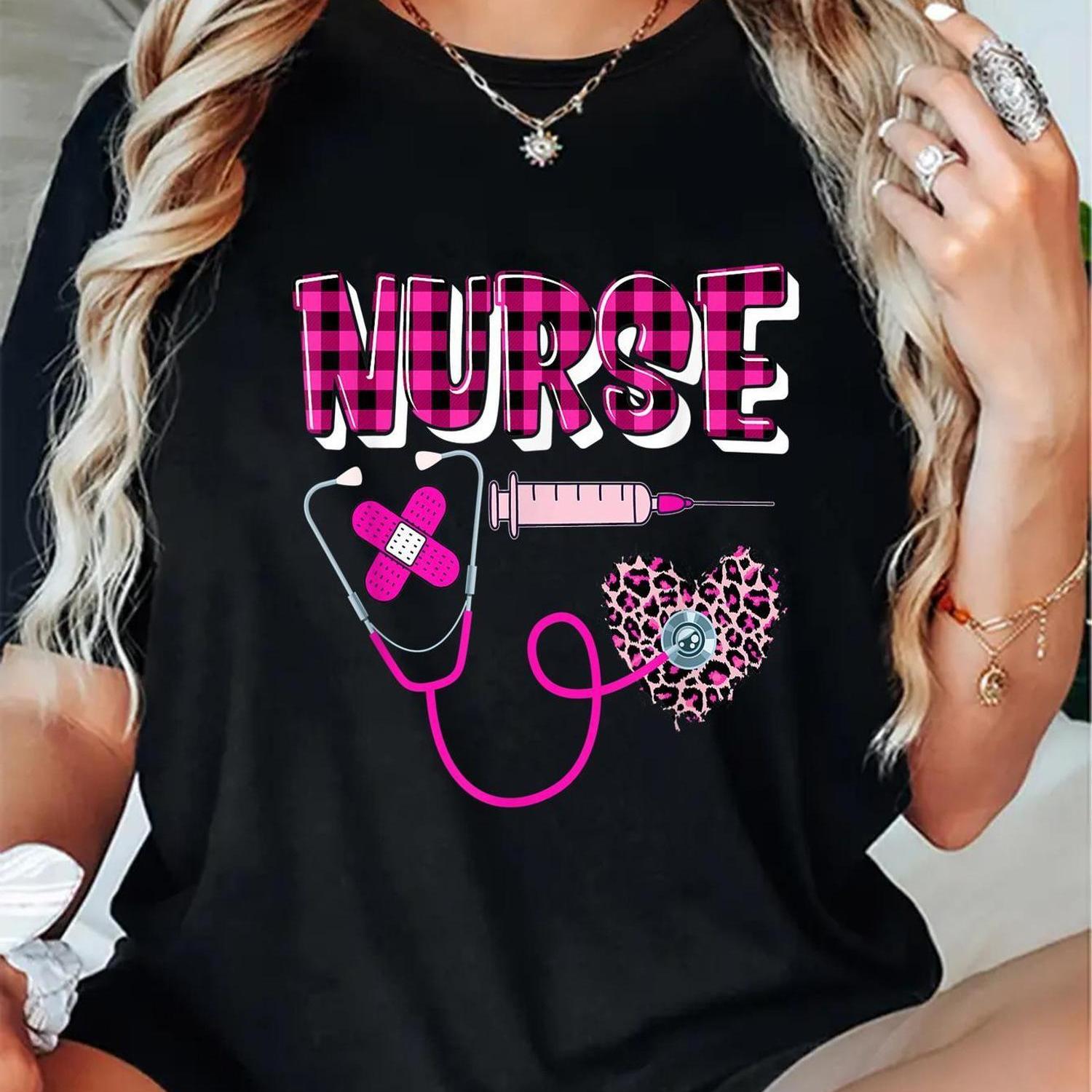 TEMU Stylish With Pink & Leopard , Stethoscope Print - Soft Rayon Crew Neck Short Sleeve Top - Nurses Rn Lpn Cna - Machine Washable, Everyday | Relaxed Fit | Print