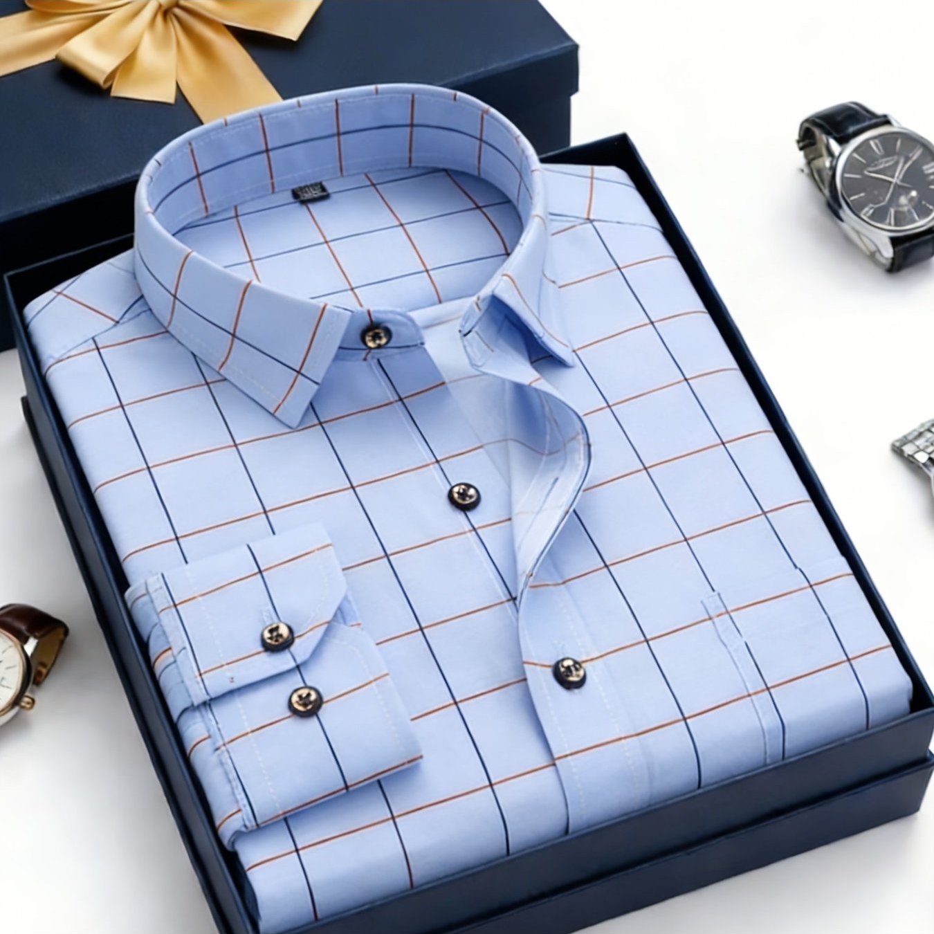 TEMU Men's Spring/autumn New Long-sleeve Shirt, Plaid Thin Slim-fit Business Casual Printed Shirt With Pockets, No Ironing Required, Smart Casual