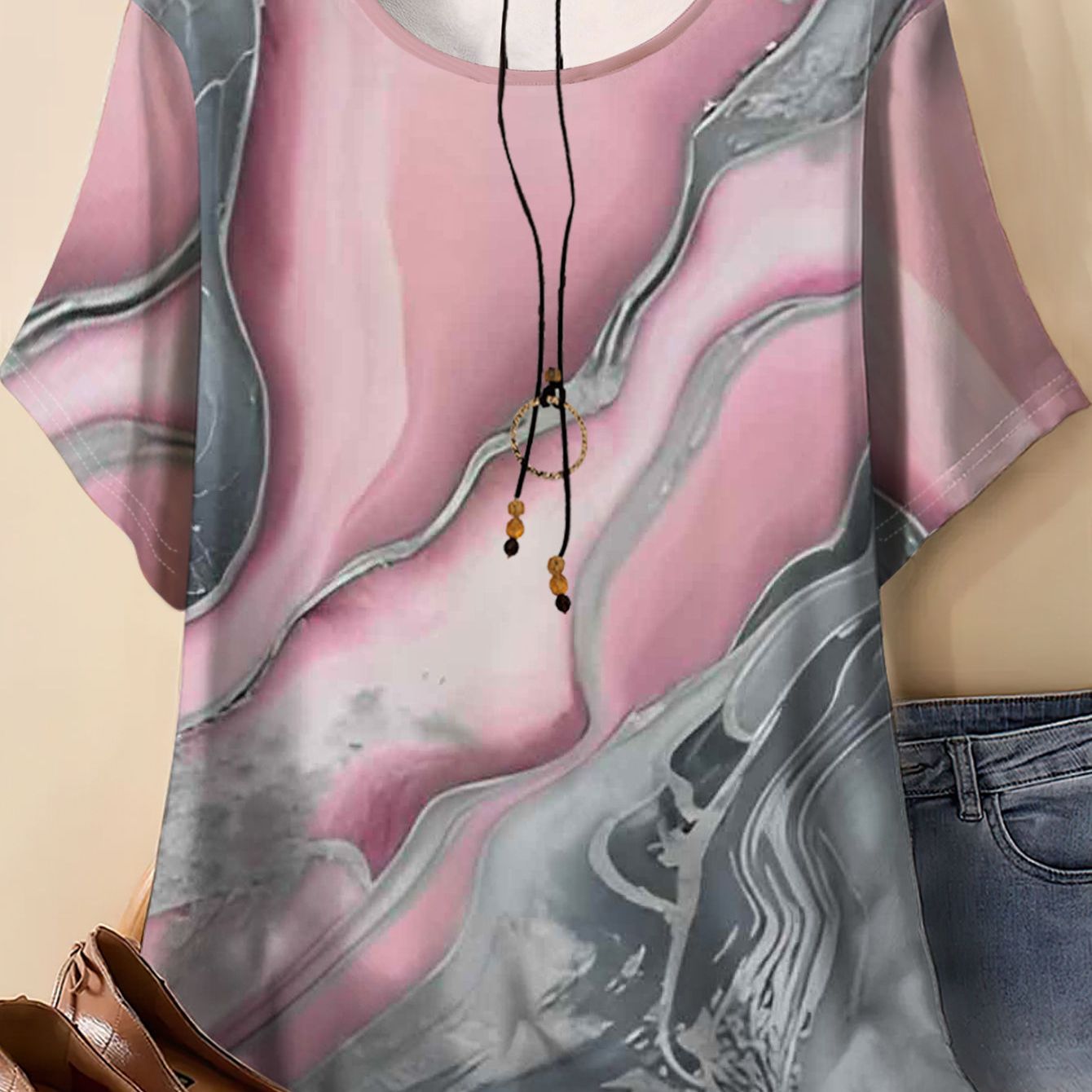 TEMU Women's Plus-size Pink Marble-pattern Loose-fit Short-sleeve Top, Fashionable And Versatile Design, New Summer Women's Clothing, Comfortable And