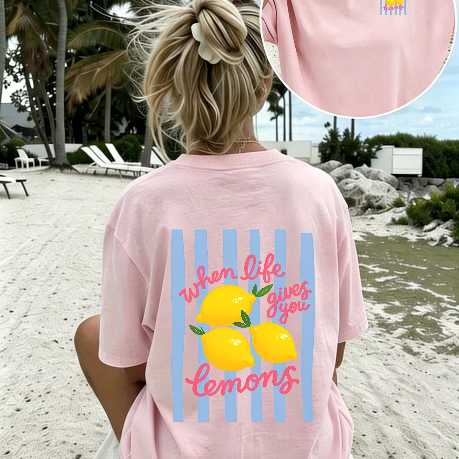 TEMU Women'-sided Crew Neck T-shirt, " You Lemons" Summer Graphic Tee, Cute Striped & Lemon Top, Soft & Breathable, Ideal For & Casual Attire