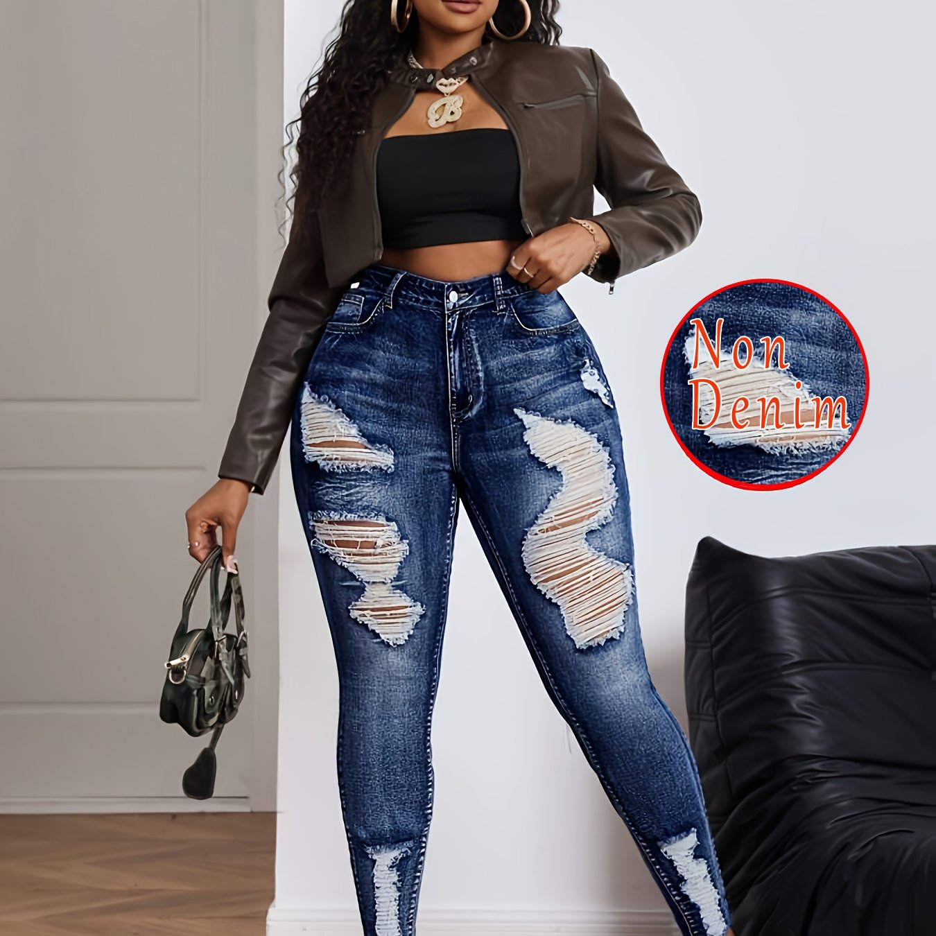 TEMU 【 denim】 [ Denim ] Leggings Ajustados de Cintura para Mujer - Pantalones Elásticos Tipo Denim con de Denim , Leggings Elásticos para Atuendos