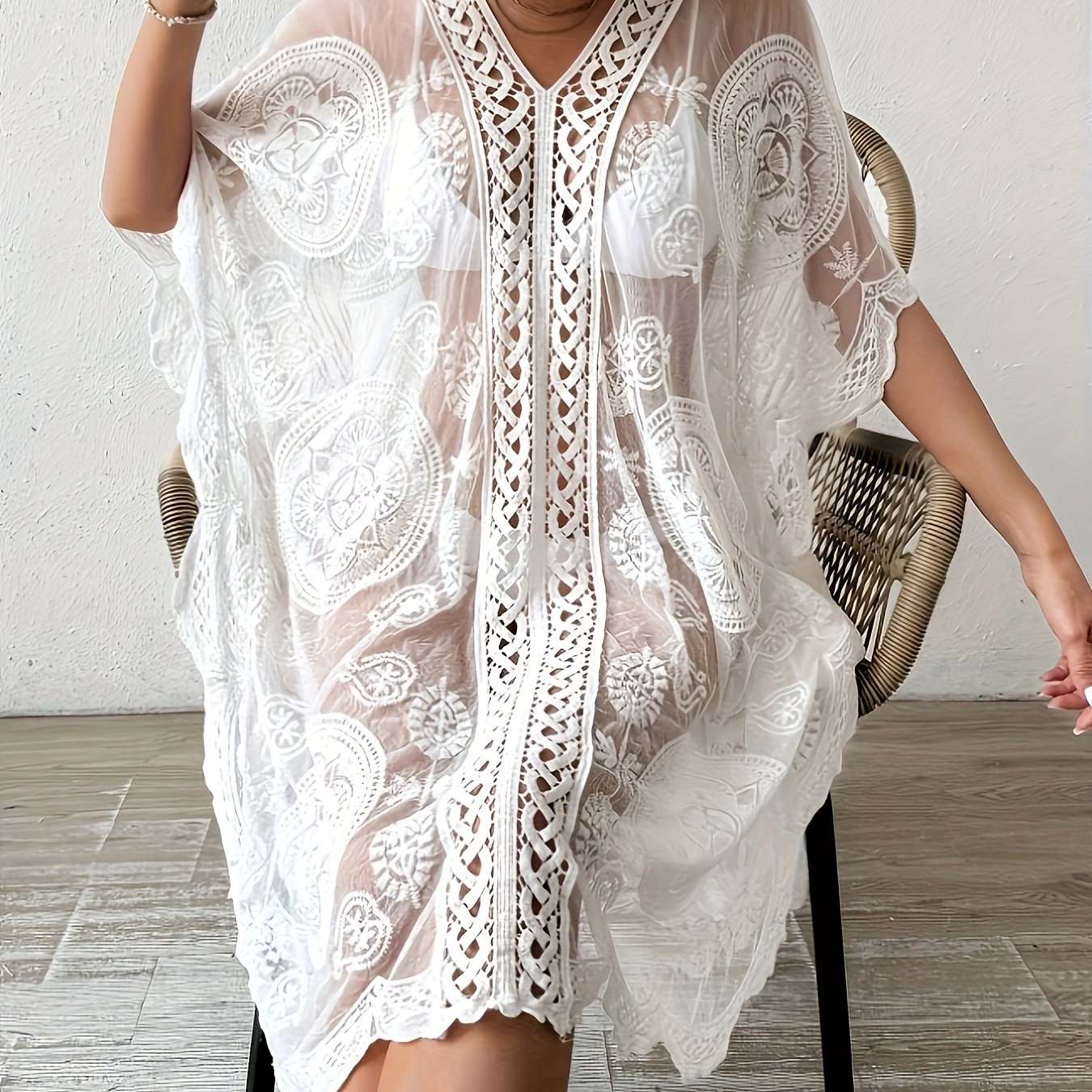 Image of Women's Loose Hollow-out Cover-up Dress For Summer Beach Vacation