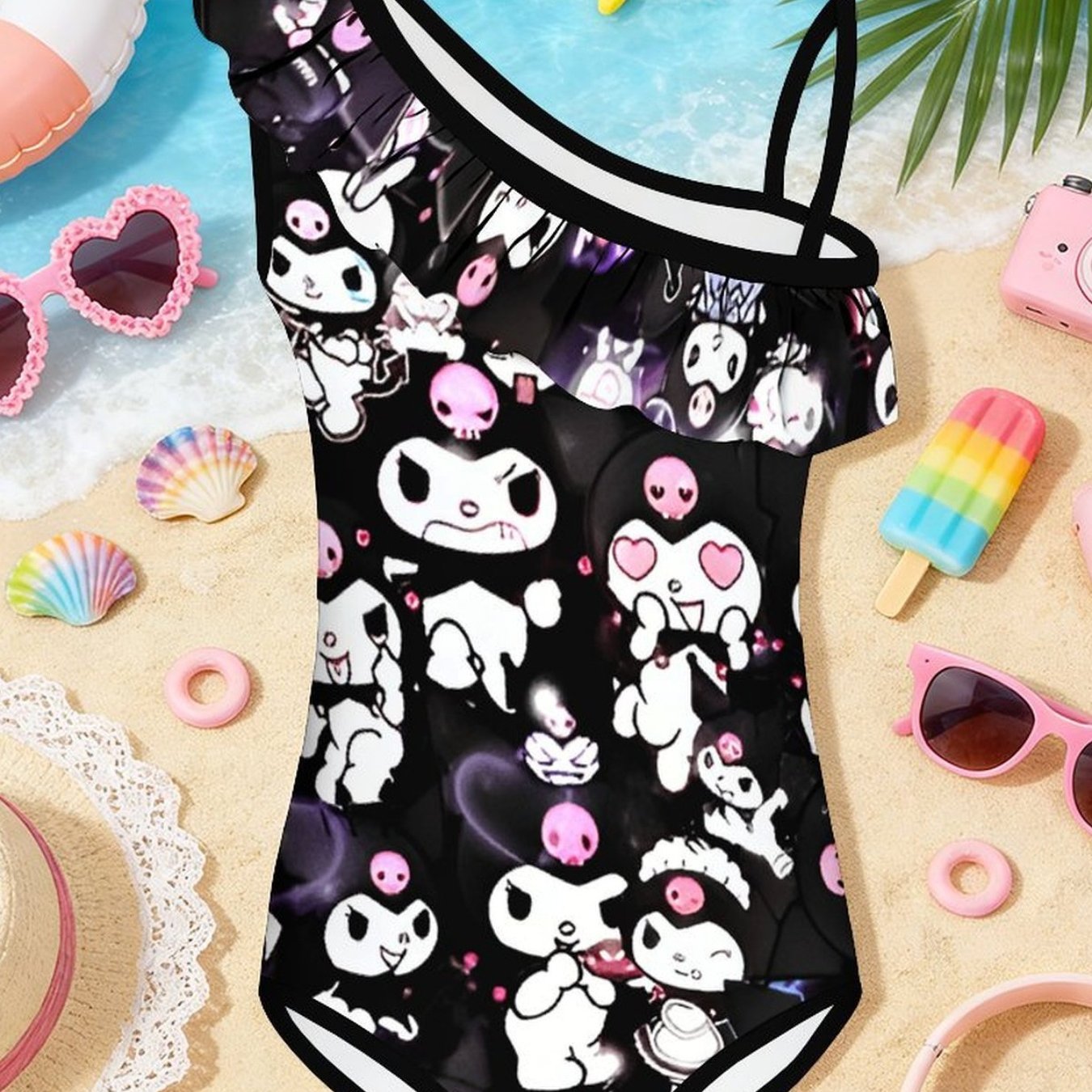 Girls' Clothing Printing Print Girls' Swimsuit Casual Versatile Girl Kuromi Pattern Print Cinnamoroll Cute Casual Asymmetrical Strap One-piece Swimsuit With Lace Decoration On