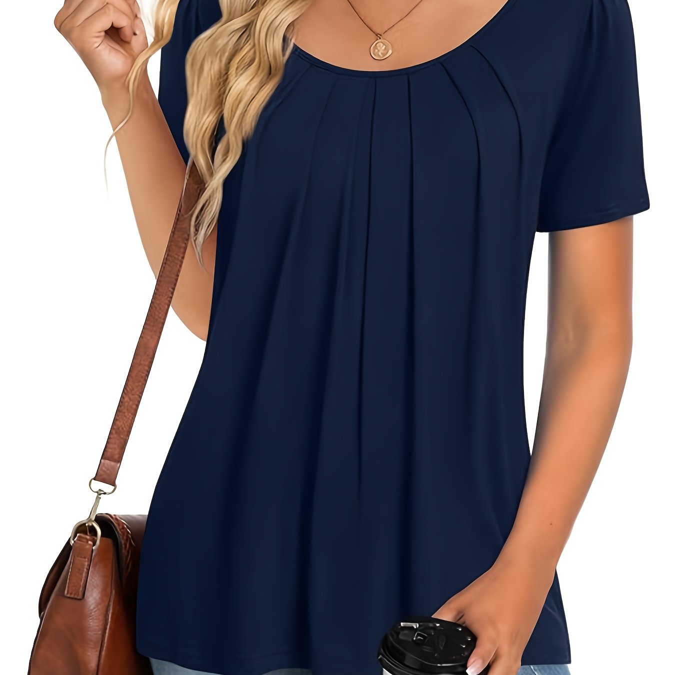 TEMU Elegant Navy Women's T-shirt - Casual Summer Style, Solid Color, Ruched Detail, Round Neck, Short Sleeve, And Blend, Machine Washable Summer Top