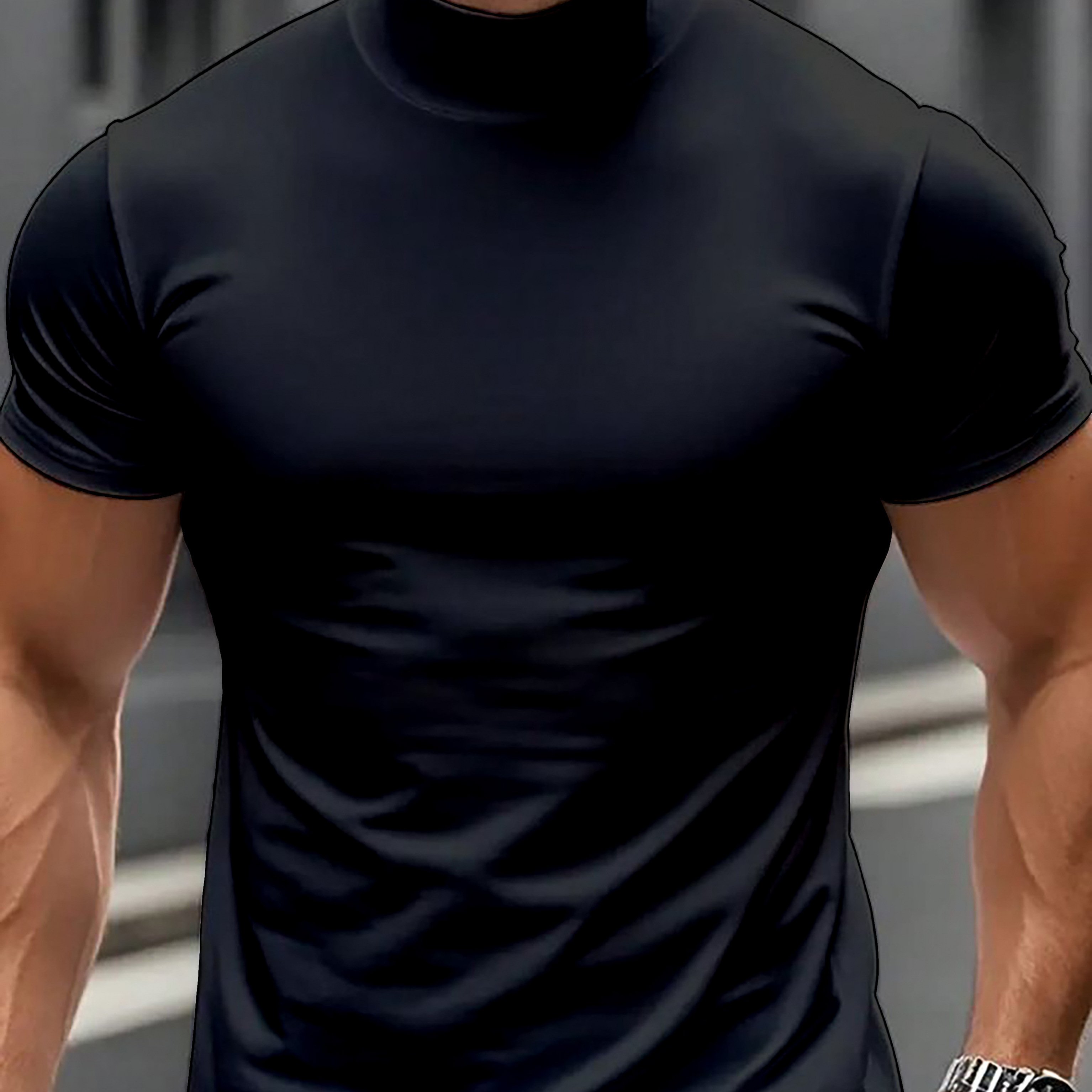 TEMU Fashionable And Trendy Instagram-style Minimalist Creative Solid Color Men's Short-sleeve Turtleneck For Sports, Fitness, Running, Training, And