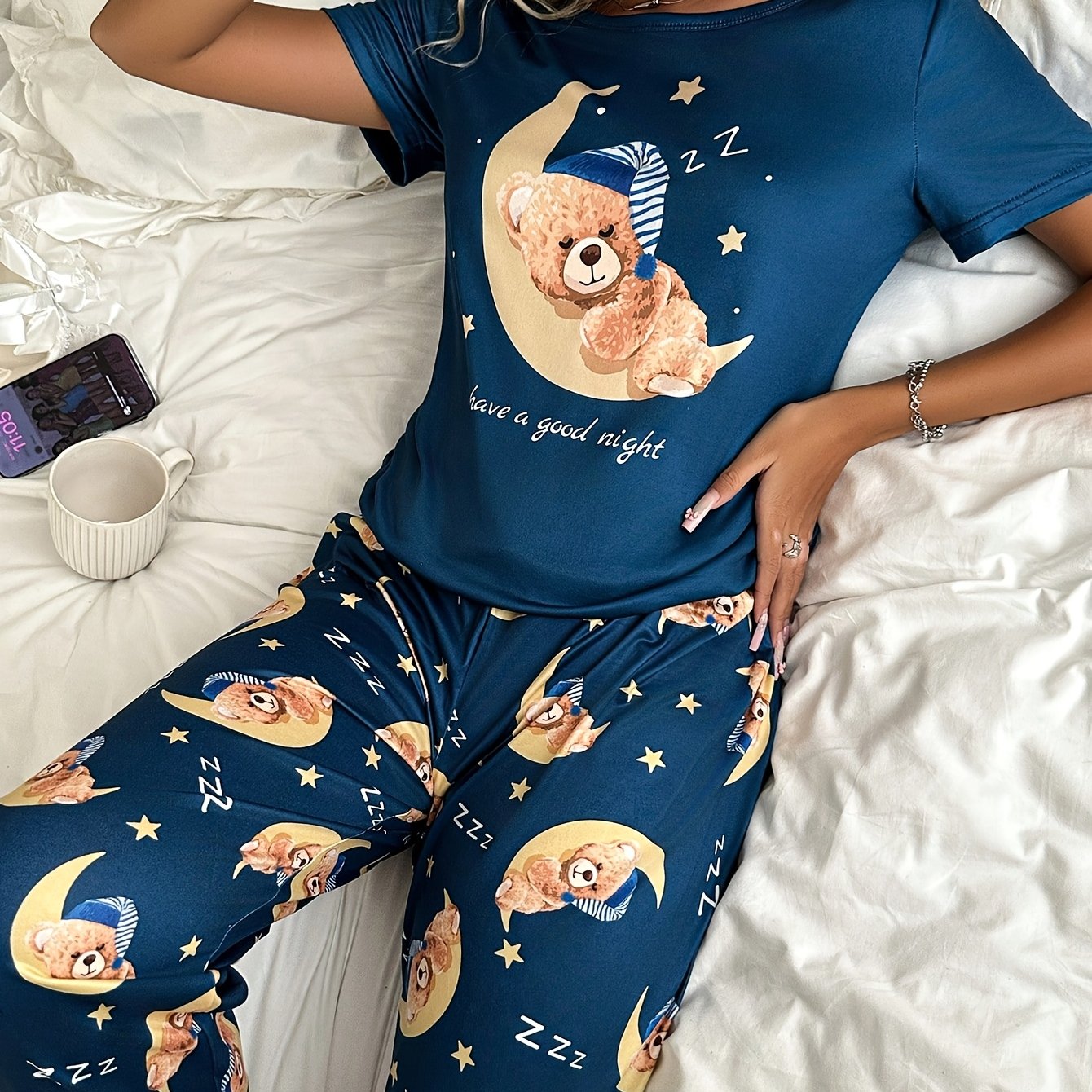 TEMU A Two-piece Pajama Set For Women Featuring A Moon And Bear Print, Including A Comfortable Short-sleeve Top And Matching Long Pants, Designed For