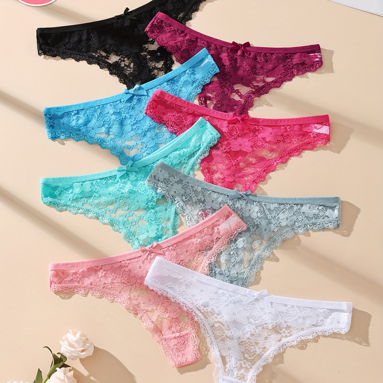 TEMU 5pcs Set Of Women's Sexy Lace Thongs In Random Colors, Solid Simple, Bow Belt, Soft And Comfortable -friendly Breathable, Floral Printed Lace