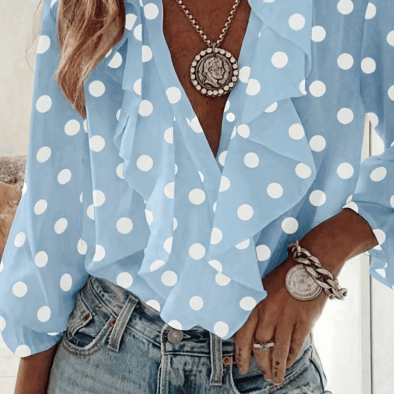 TEMU Spring Women's Romantic And Elegant Polka Dot Ruffle Chiffon Printed Blouse For Vacation