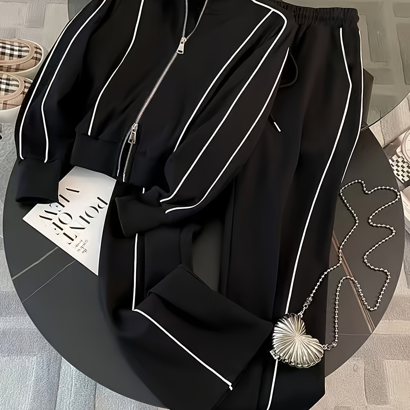 TEMU Women'-piece Set: Long-sleeve Zippered Jacket With Collar And Contrast-color Drawstring Pants For Casual Swear /autumn