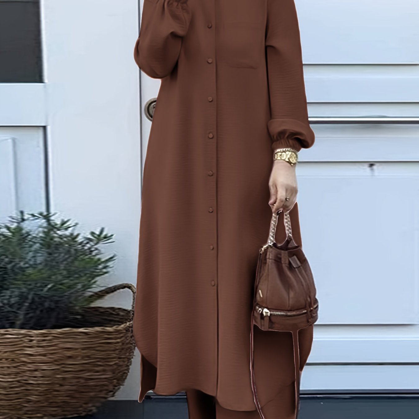 TEMU Women's Arabic Style Autumn/winter Solid Color Long Sleeve Shirt And Wide-leg Long Pants 2pcs Set