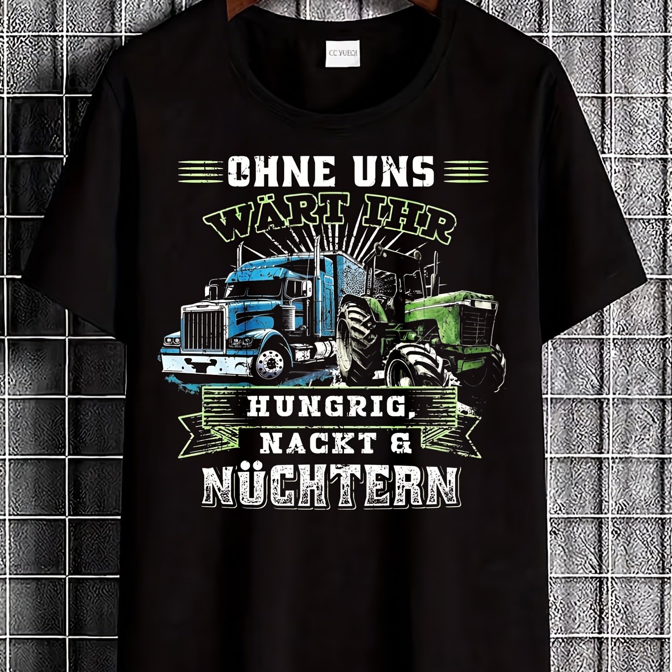 Image of Black T Shirt With Truck And Tractor Graphic And German Text For Farming And Trucking Enthusiasts