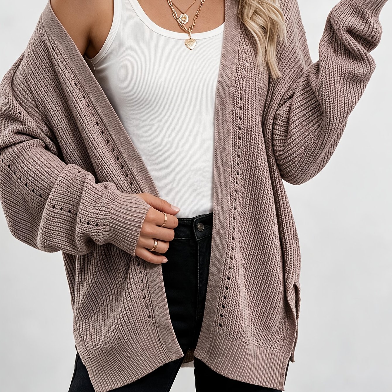 TEMU Cardigan Femme Simple Élégant Ample Décontracté Tendance Petit Design Dentelle Mi-Long ( Boutons)