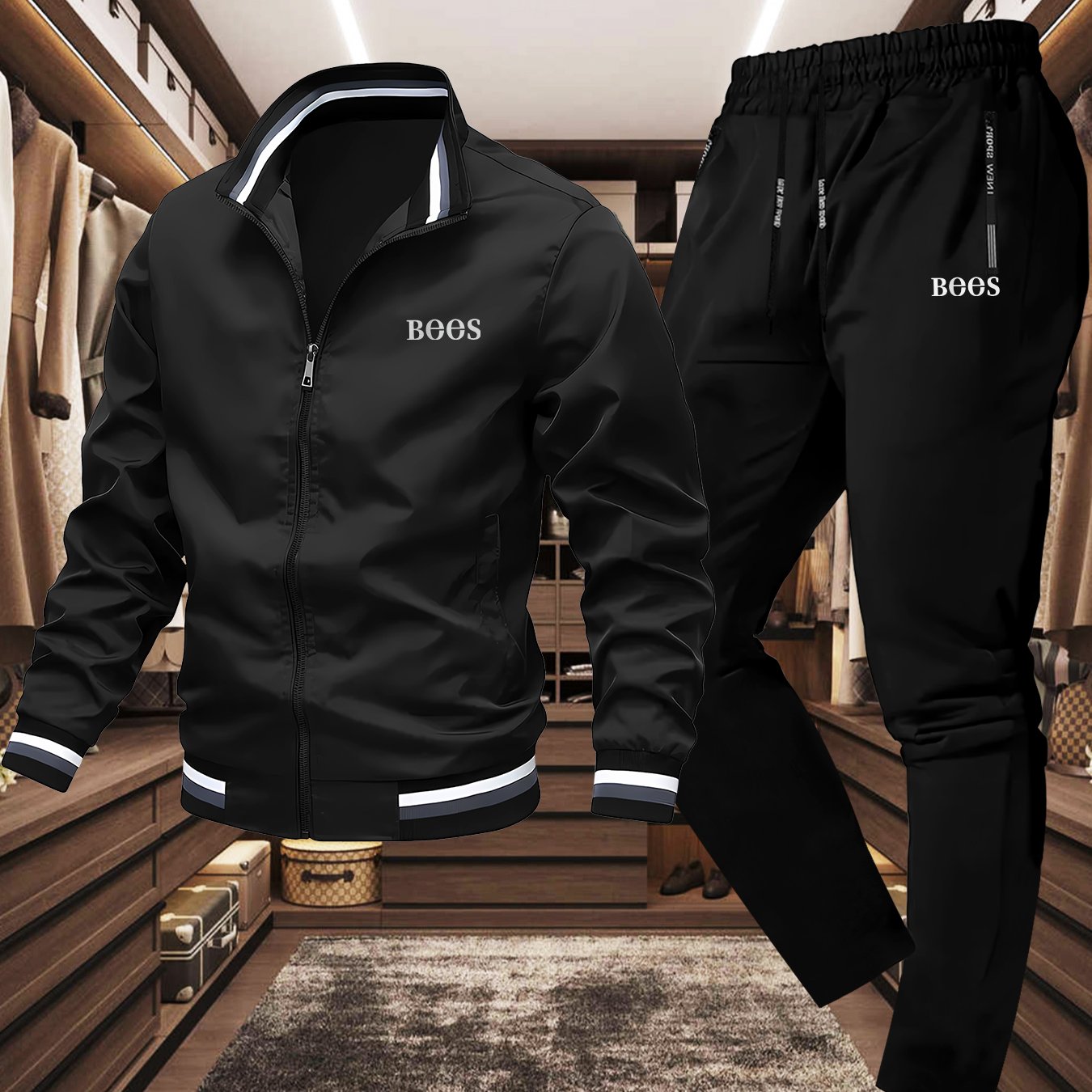 E-shop Herren 2-teilige Slim-Fit-Jacke mit durchgehendem Reißverschluss & Anzug-Oberbekleidung mit Stehkragen - Chinesischer Schriftzeichen-Druck
