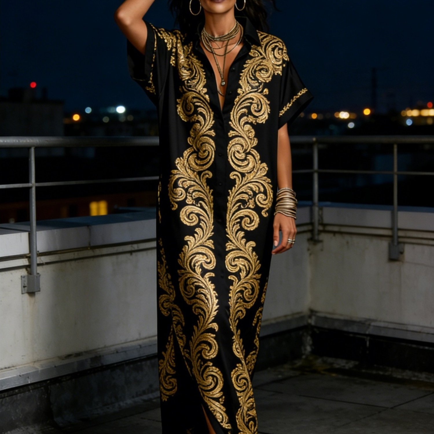 Plus Size - Summer Women Dress Classic Paisley Print Maxi Dress Shirt Collar Short Cuff Sleeve Loose Oversized Side Split Elegant Ladies Outfit