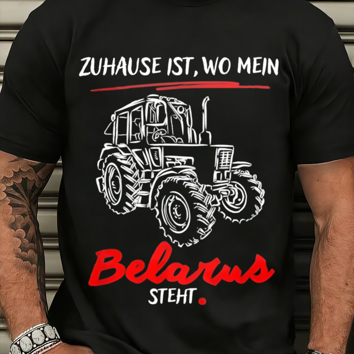Black T Shirt With Belarus Tractor Graphic And German Text For Farming Enthusiasts And Agricultural Workers, Plus Size