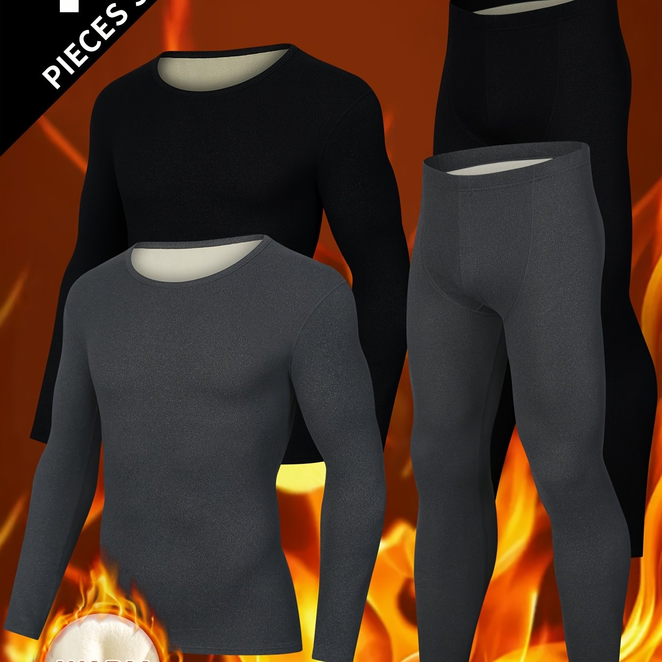 TEMU 4pcs Men's Thermal Underwear Set, Ski Winter Fleece-lined Thermal Base Shirt, Tight Long-sleeved Crew Neck Top And Bottom Pants Set