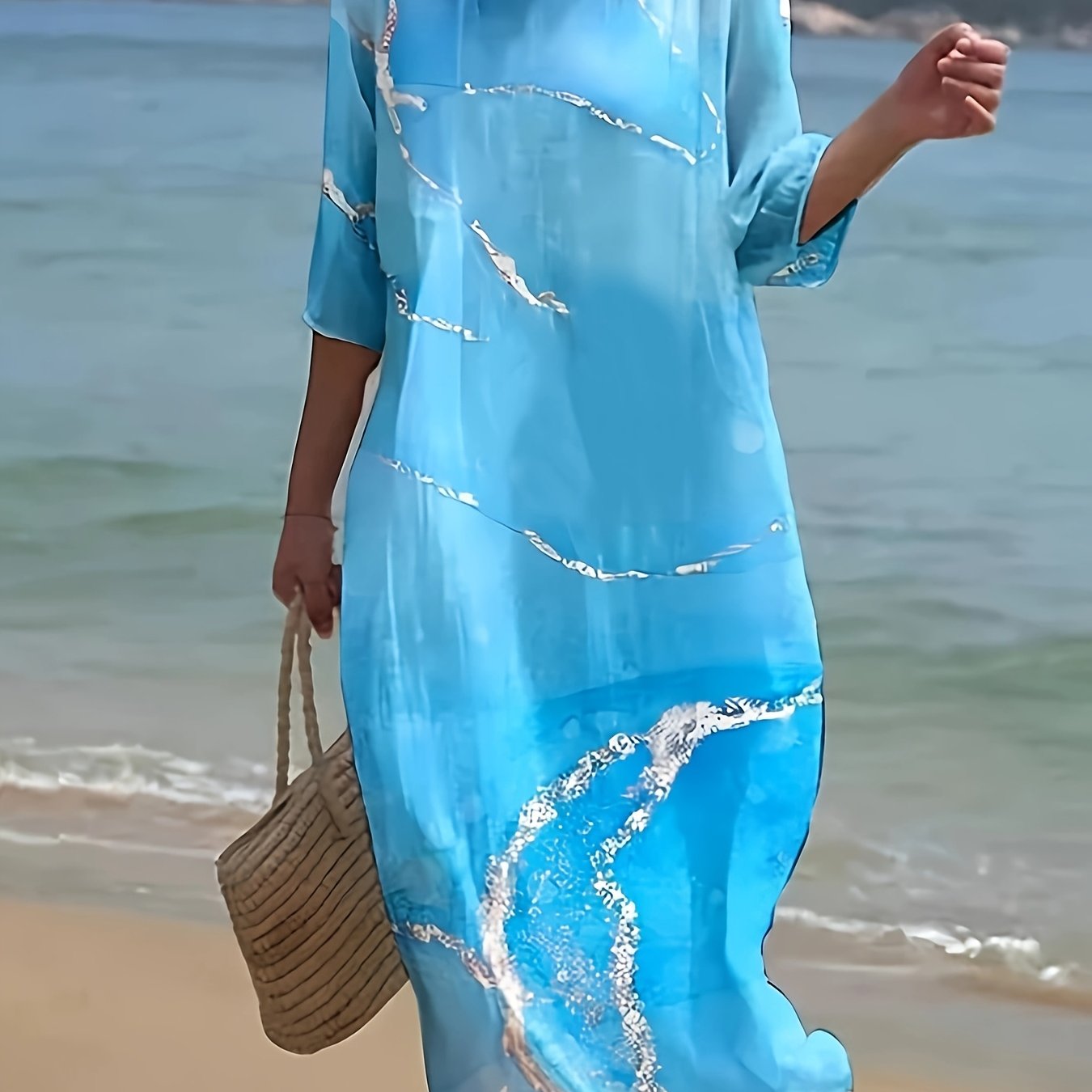 Image of Plus Size - Plus Size - Fashion Women's Long Sleeve Loose Dress Ladies Floral Dress Round Neck Party Gown Elegant Robe