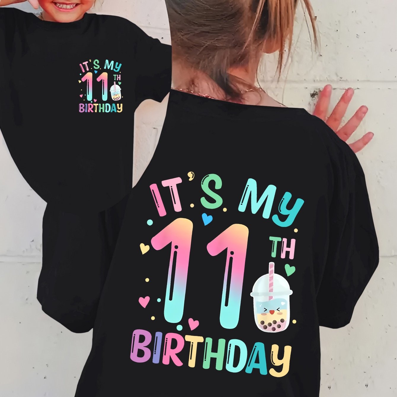 Image of 11th Birthday Summer Girls' Fashion Children's Clothing T-shirt, Double-sided Print Kids' Short-sleeve T-shirt Casual Top