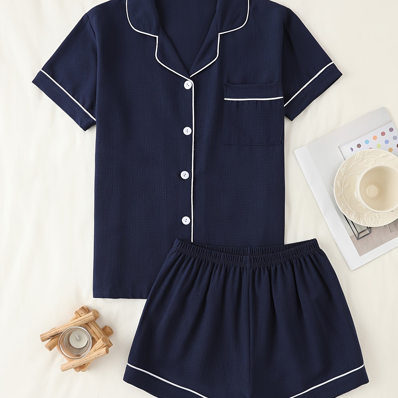 TEMU Easy Solid Pajama Set, Short Sleeve Button Up Lapel Collar Top And Elastic Shorts, Women's Sleepwear