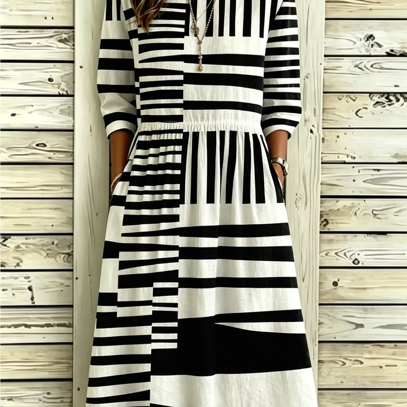 Image of Plus Size, Abstract Stripe Print Dress For Women, Round Neck 3/4 Sleeve Casual Maxi Dress, Loose Pleated Waist Swing Dress, Color Block Midi Dress With Pockets For