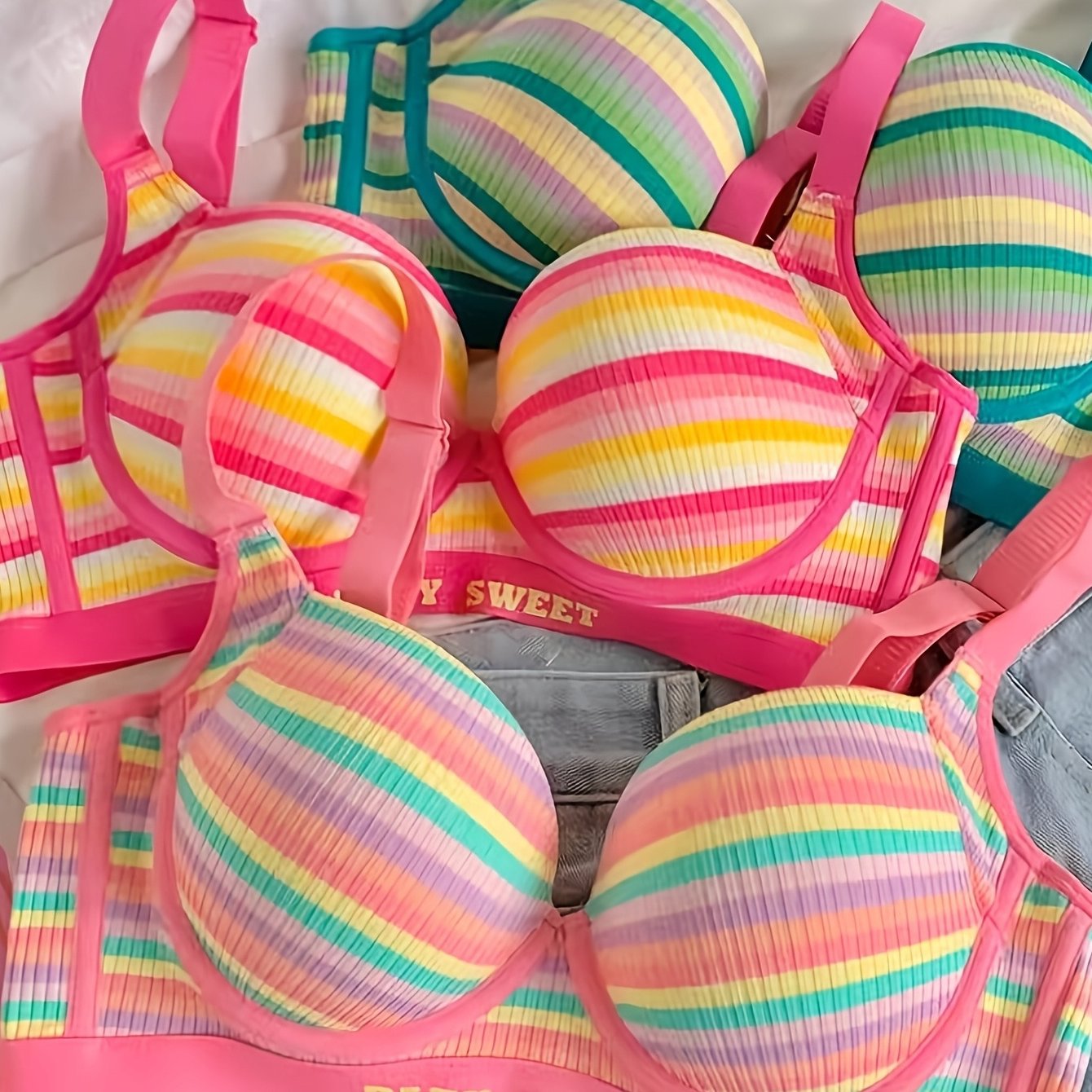 3pcs Sweet ' Rainbow Stripes Bra - Letter Band Underwire Padded Bralette, High Elastic Sports Underwear