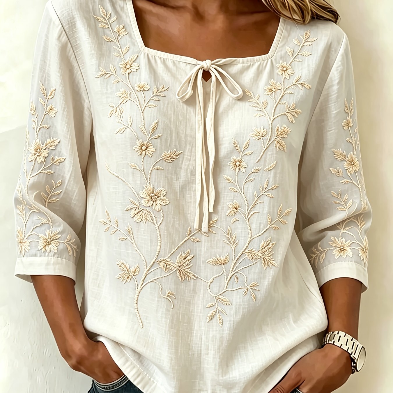 Women's Vintage Floral -neck Tie-front Shirt