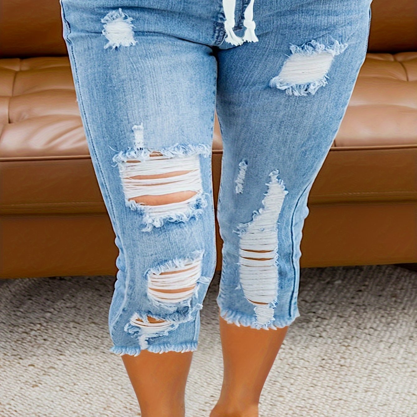 Image of College Of Europe And The United States Ripped Rope Elastic Waist Casual Jeans High Waist Stretch Plus Size Pants Women Straight Slim Cropped Pants