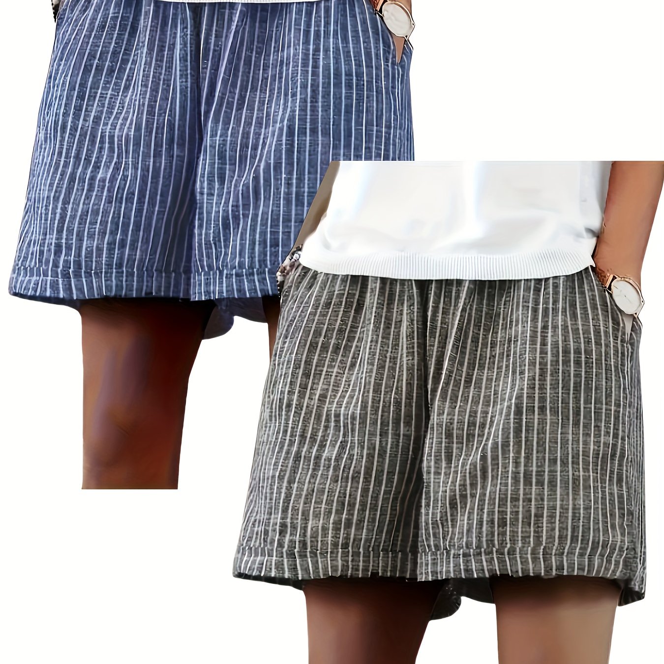 TEMU Women's Striped Pocket Two-piece Shorts Set, Summer Two-piece Casual Wide Leg Elastic Waist Shorts