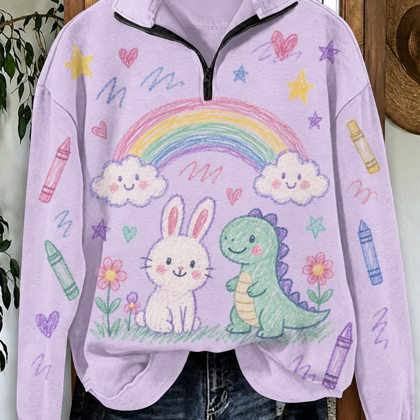 Image of Plus Size, Plus Size Women' Cartoon Print Half Zip Sweatshirt, Bunny Dinosaur Star Doodle Graphic Loose Long Sleeve Top, Cute Casual Outfit