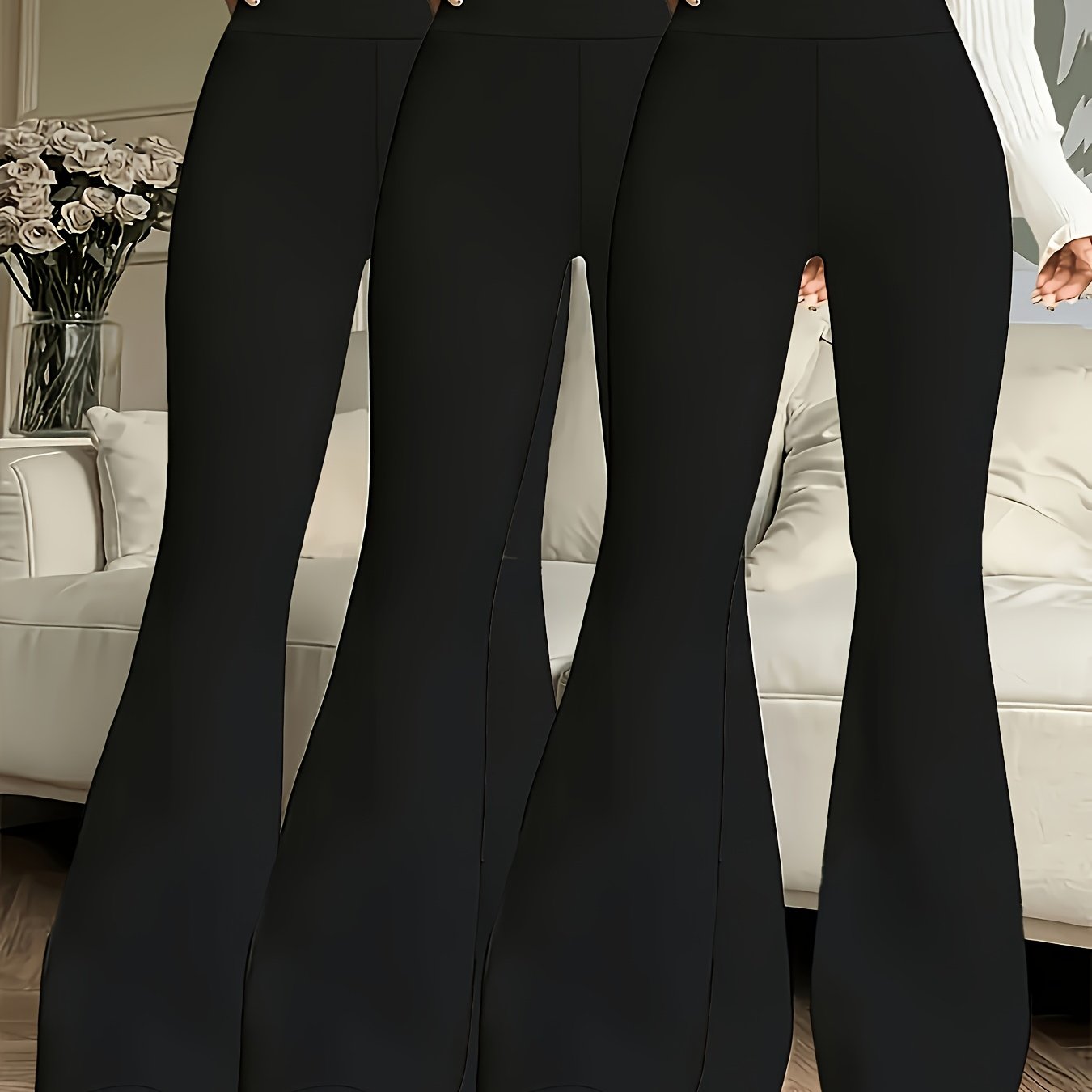 Image of 3pcs Women's High-waisted Flared Pants Leggings Set - Stretchy Pants For Night Out And Casual Wear, Non-pure Black Pants, Essential For Dates And Parties