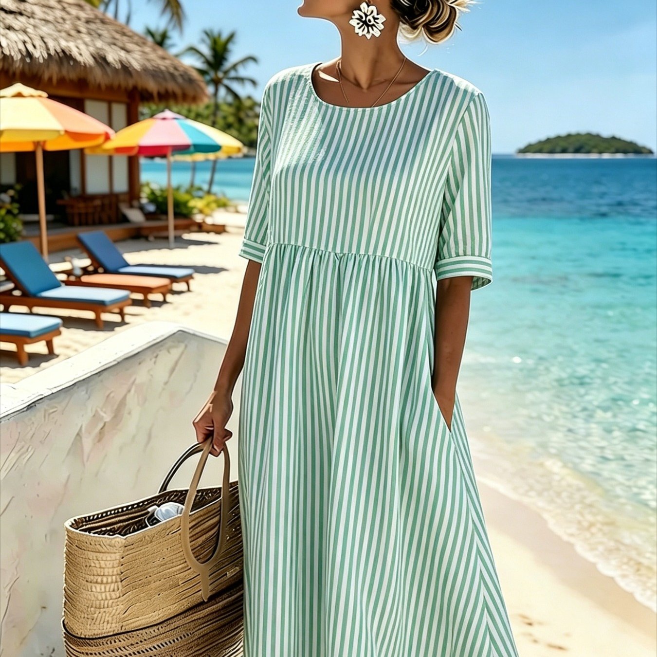 Women's Elegant Midi Dress - Casual 3/4-sleeve, Crew Neck, Loose-. Machine Washable. A Comfortable Beach & Vacation Dress, Perfect For Travel, Getaways, And Everyday .