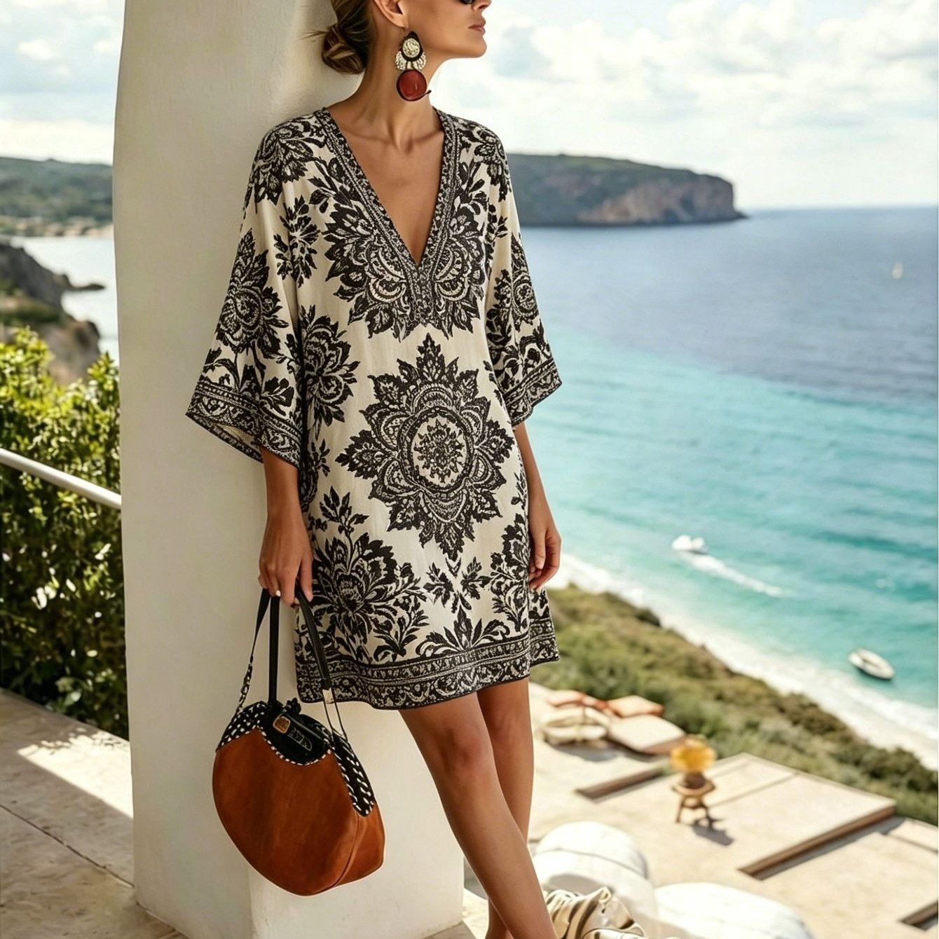 Image of Women's Black Floral Paisley V-neck Dress, Exotic Retro Loose Short Beach Vacation Dress