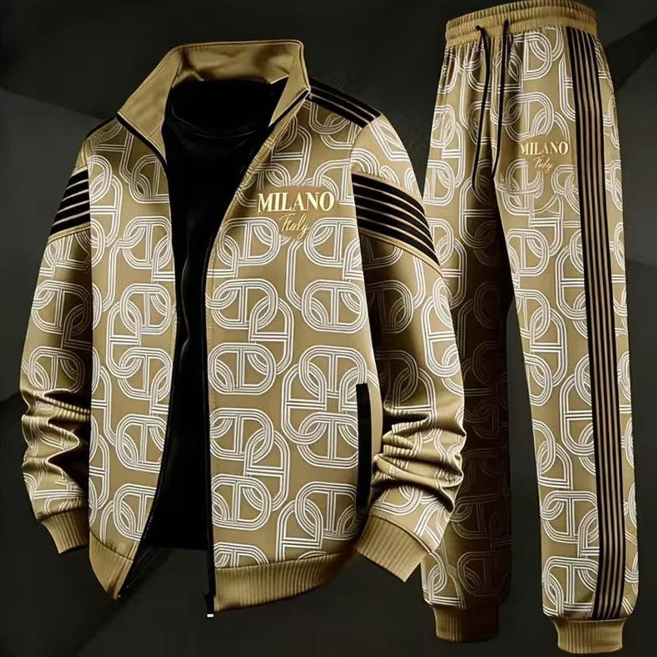Image of Men's Plus Size Style Trendy Italy Geometric Chain Print Full Zip Track Suit Casual Sportswear For Adult Men Holiday Gift Daily Wear
