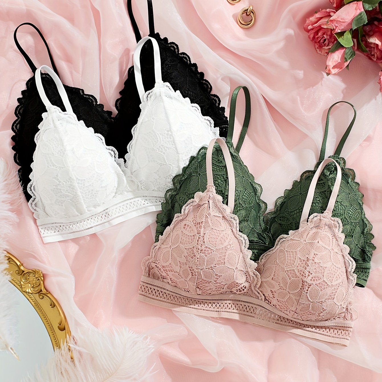 E-shop 4-teiliges Set Sexy Spitzen-Bandeau Wireless BH mit Brustpolster und Brustband, bequem