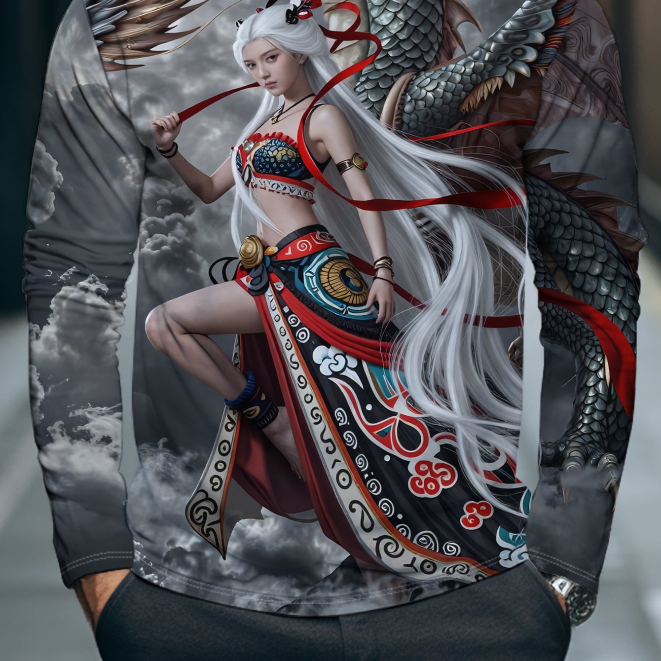 TEMU 's Casual Long-sleeve T-shirt Features A Silver-haired Woman In A Colorful Skirt Accompanied By A Enormous Dragon Amidst A Mysterious And Sea Of