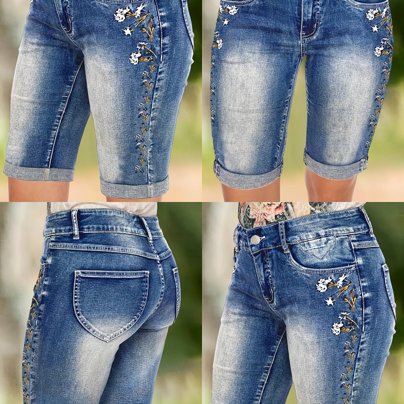 Image of Women's Mid-rise Denim Shorts Featuring Floral Embroidery On The Front And Rolled , Perfect For Casual With An Elegant And Stylish Look. Women's Clothing > Denim > Women's Denim Shorts
