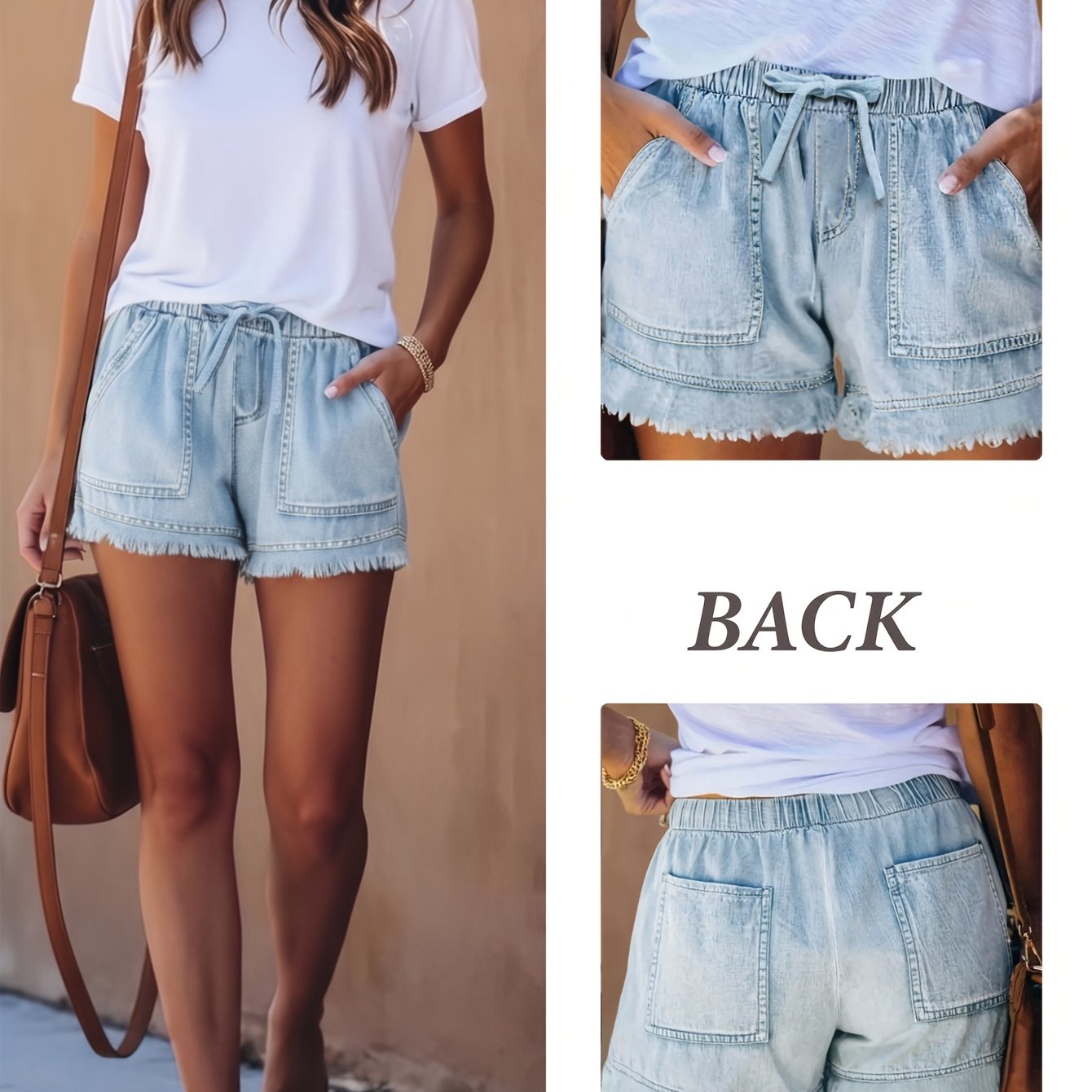 Image of Gleya 2026 Women's Denim Shorts, New Style, Non-stretch Relaxed Fit Denim Shorts With Light Blue Drawstring Waistband Detail, Hem Design, Large Pockets, Heavy , Casual Summer Denim Shorts