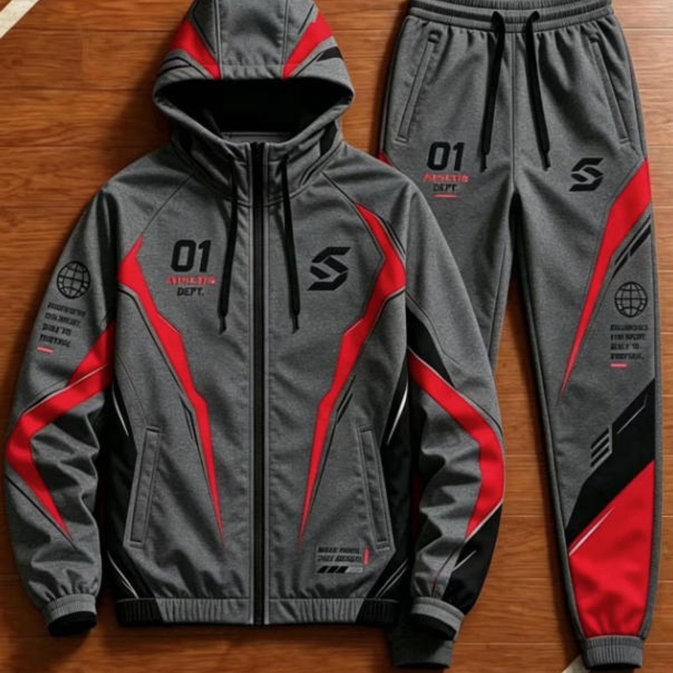 Men's Style Sporty Racing Graphic Tracksuit Set With 01 Logo Red Black Geometric Pattern Casual Wear Holiday Gift Adult Men Sportswear