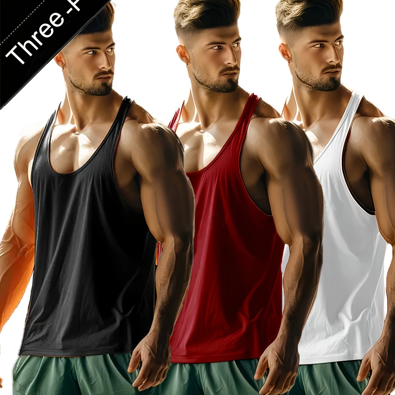 TEMU 3 Piezas de Chaleco Sin para Hombre, Cuello , Malla Elástica, Secado Rápido, Transpirable, Absorbe la Humedad, , Ideal para Correr, Fitness y