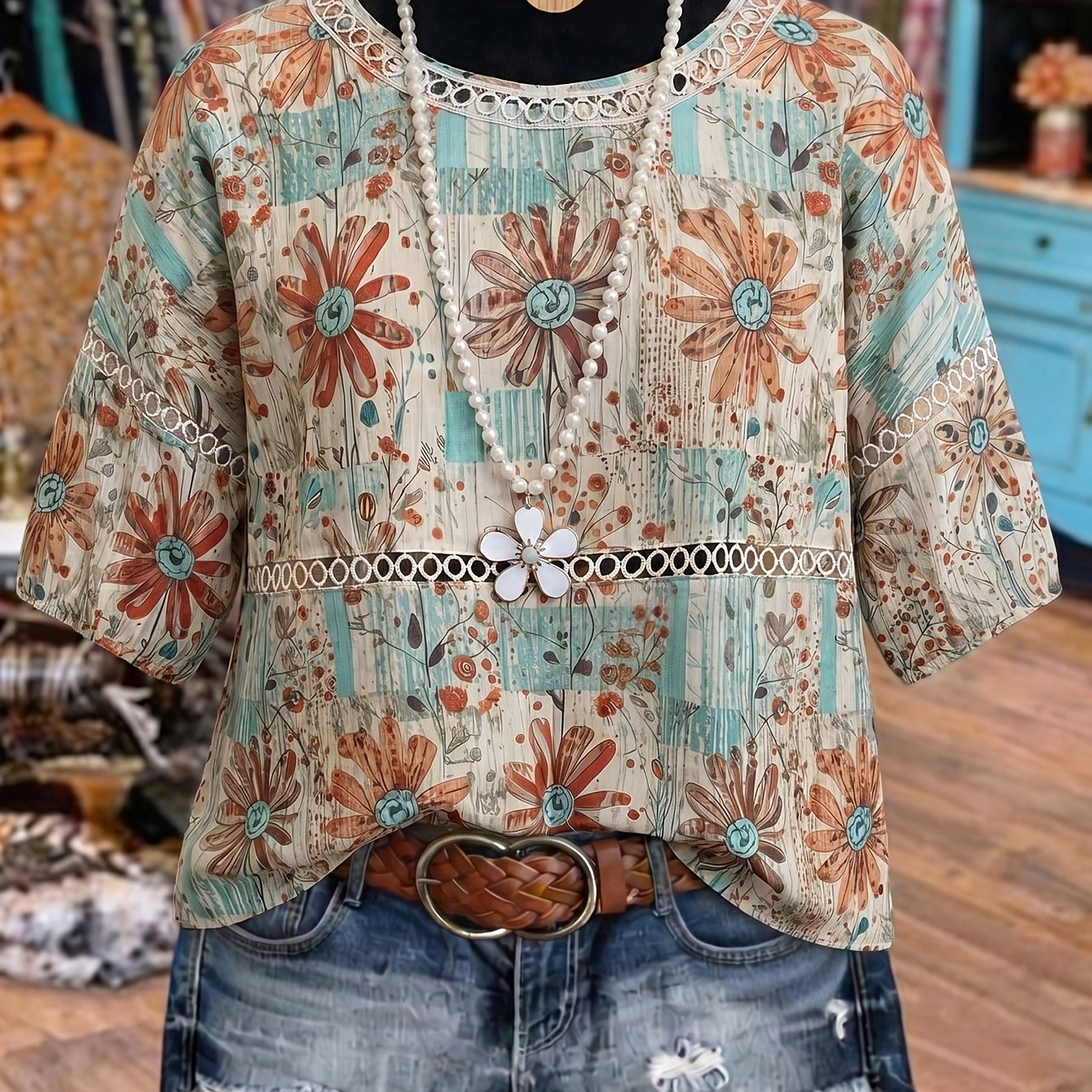 TEMU Plus Size, Plus Size Women's Blouse, New Summer Fashion Printed Lace Round Neck Short Sleeve Shirt